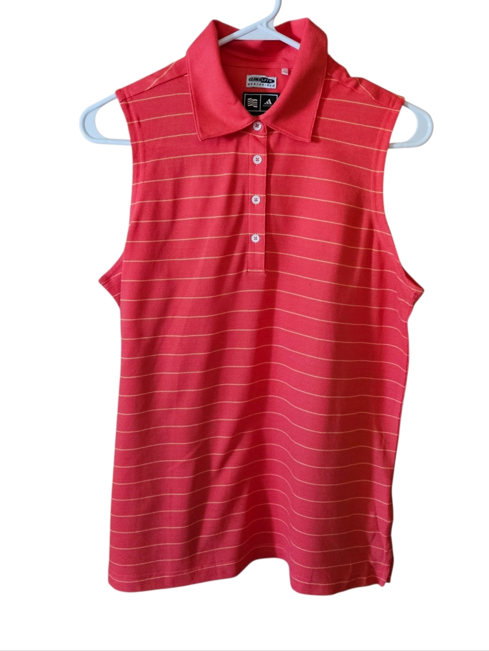 Adidas Coral Sleeveless GOLF Polo with Thin Gold Stripes CLIMALITE LG